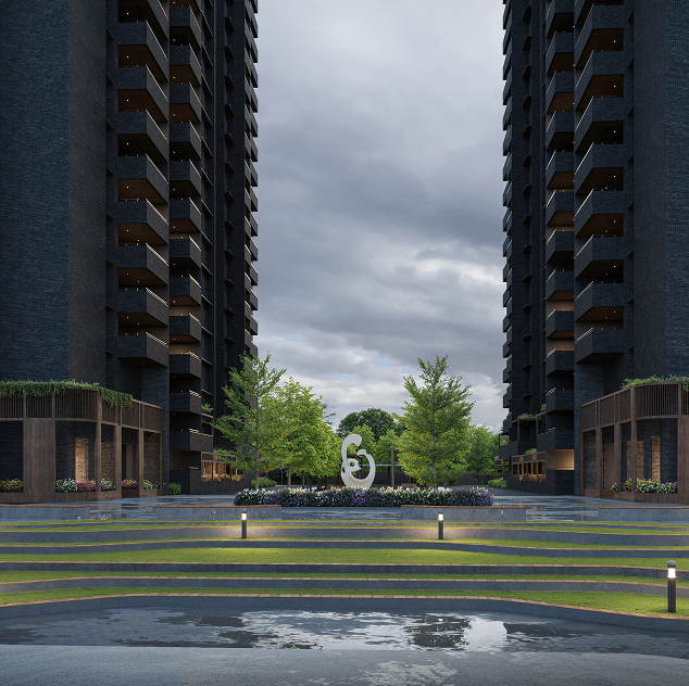 Tower lobbies gracefully mirror each other across a wide landscaped garden.